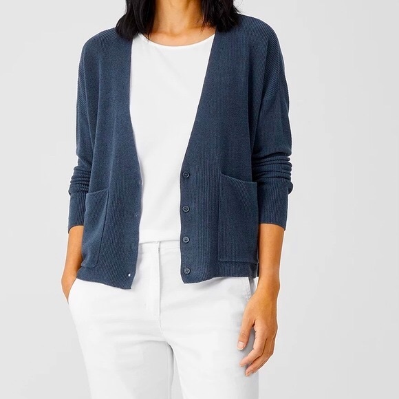 Eileen Fisher Sweaters - NWT Eileen Fisher Ocean coloured Organic Linen Cotton Blend v-neck Cardigan sz L